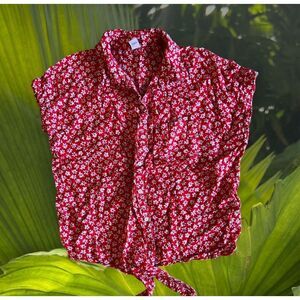 Old Navy Women's Linen Blend Top Red White Blue Front Tie  Short Sleeve Med EUC